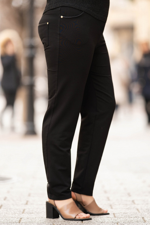 Макси панталон от памук в черно с кожен кант и ластик в талията