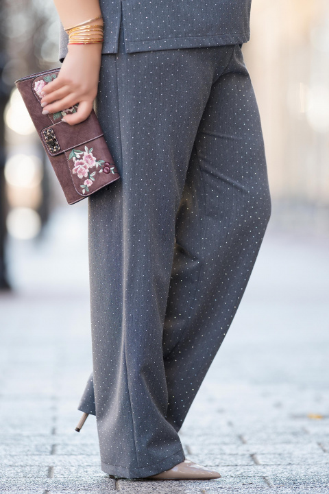 Макси панталон от памук в сиво с принт бели точки и свободна кройка