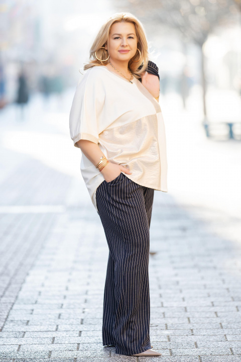 Макси панталон от памук в тъмносиньо райе със свободна кройка