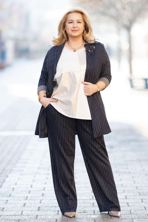 Макси панталон от памук в тъмносиньо райе със свободна кройка