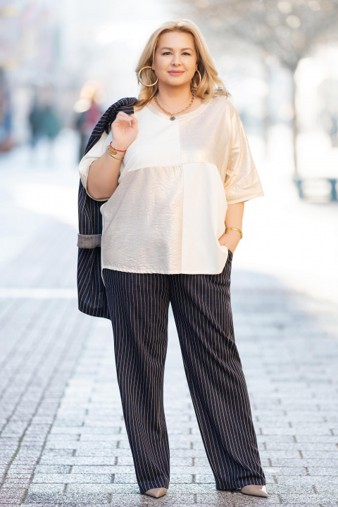 Макси панталон от памук в тъмносиньо райе със свободна кройка