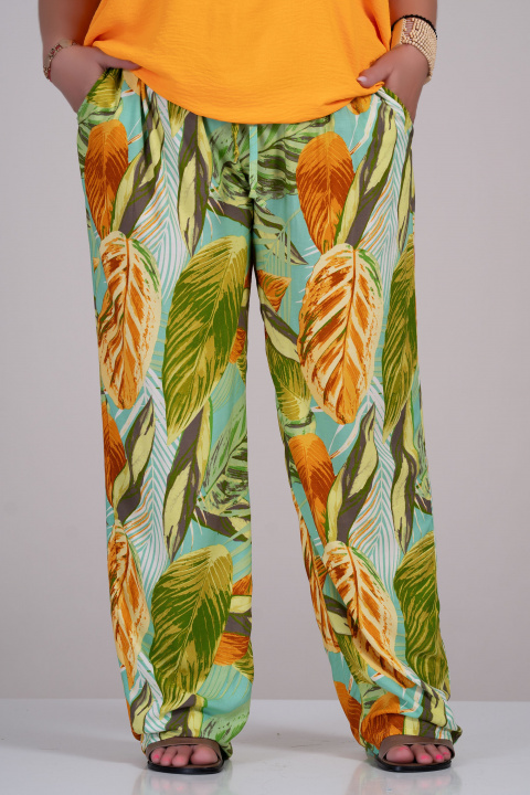 МАКСИ панталон с принт листа в жълто, кафяво и зелено