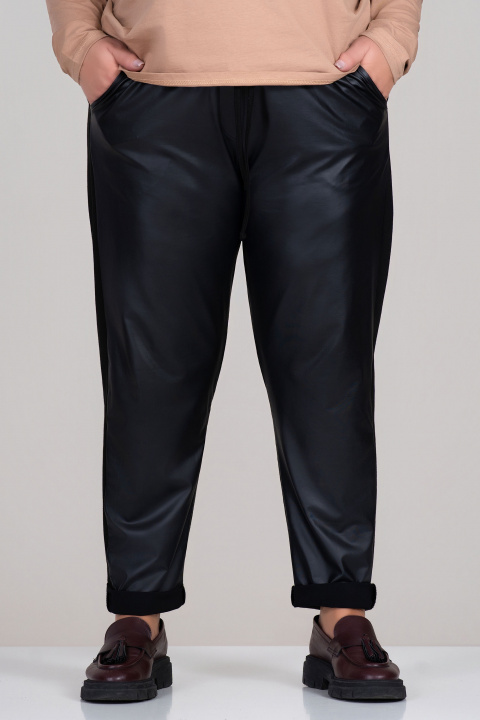 МАКСИ панталон в черно в комбинация от еко кожа и трико