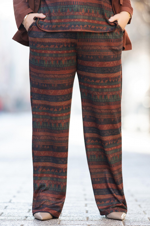 МАКСИ панталон в кафяво с етно принт в тъмнозелено