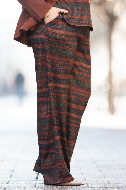 МАКСИ панталон в кафяво с етно принт в тъмнозелено