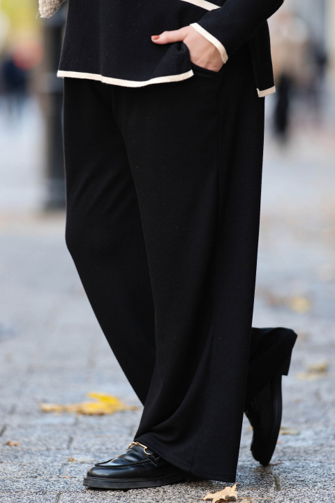 МАКСИ панталони от фино плетиво в черно с ластик в талията