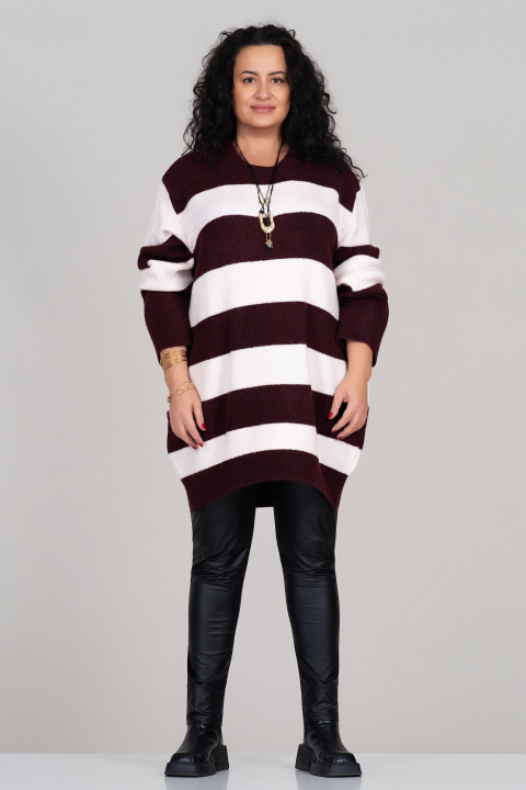 МАКСИ плетен пуловер с вълна в раиран бордо принт