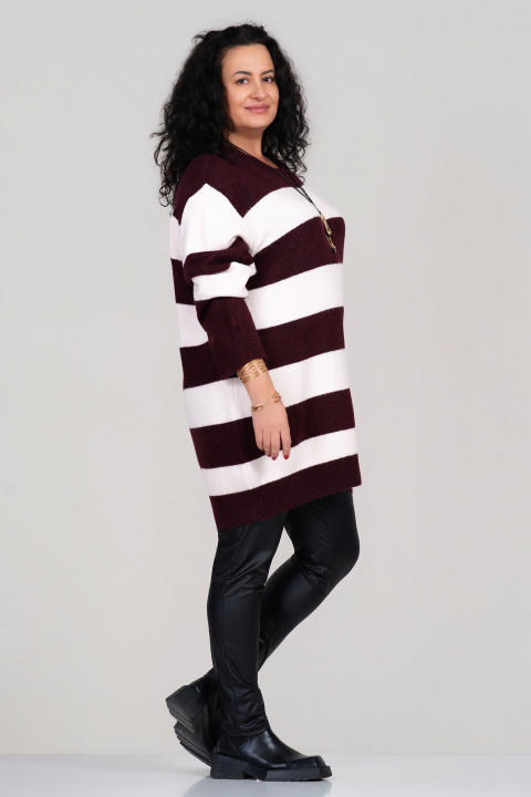 МАКСИ плетен пуловер с вълна в раиран бордо принт