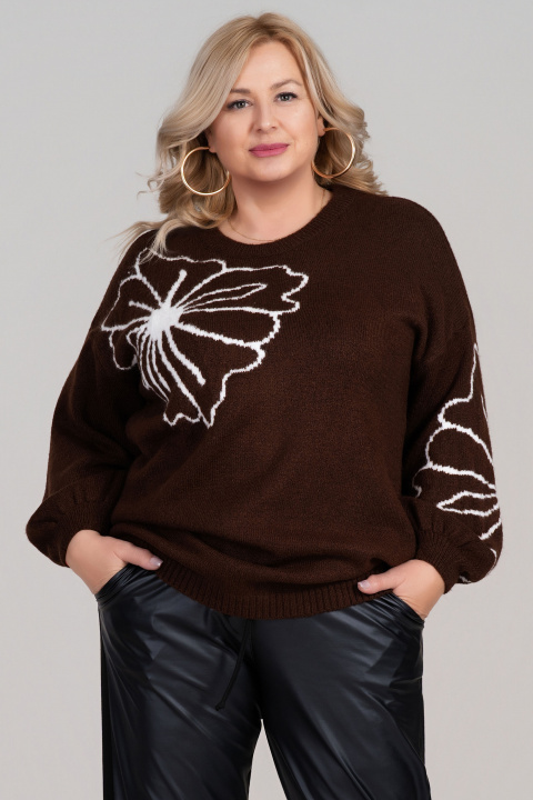 Макси плетен пуловер в кафяво с бял флорален мотив