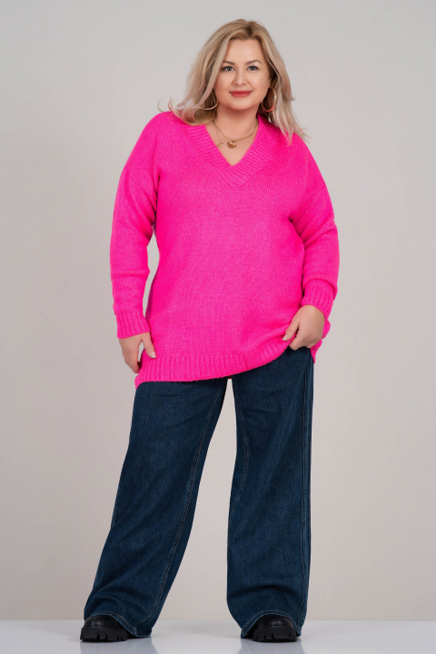 МАКСИ плетен пуловер в неоново розово с остро деколте