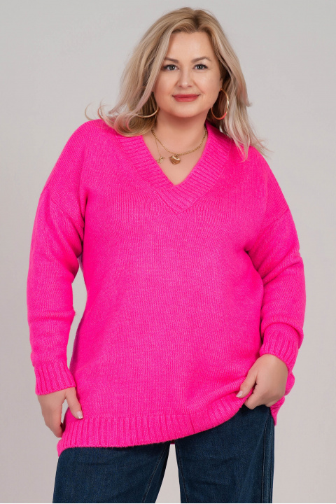 МАКСИ плетен пуловер в неоново розово с остро деколте