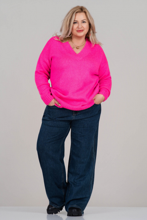 МАКСИ плетен пуловер в неоново розово с остро деколте