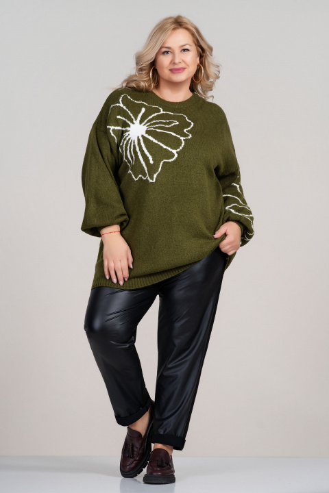 Макси плетен пуловер в зелено с бял флорален мотив