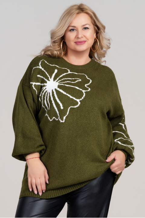Макси плетен пуловер в зелено с бял флорален мотив