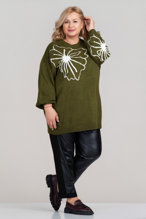 Макси плетен пуловер в зелено с бял флорален мотив