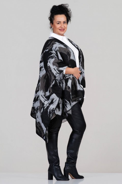 МАКСИ плетена жилетка тип пончо с етно принт в черно и сиво