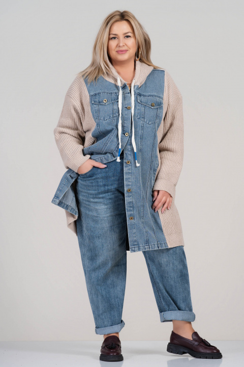 МАКСИ плетена жилетка в бежово с дънкова предна част и качулка