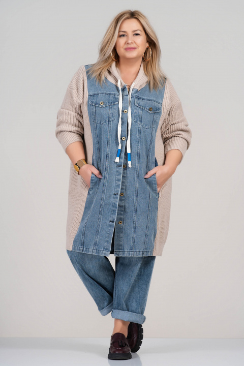 МАКСИ плетена жилетка в бежово с дънкова предна част и качулка