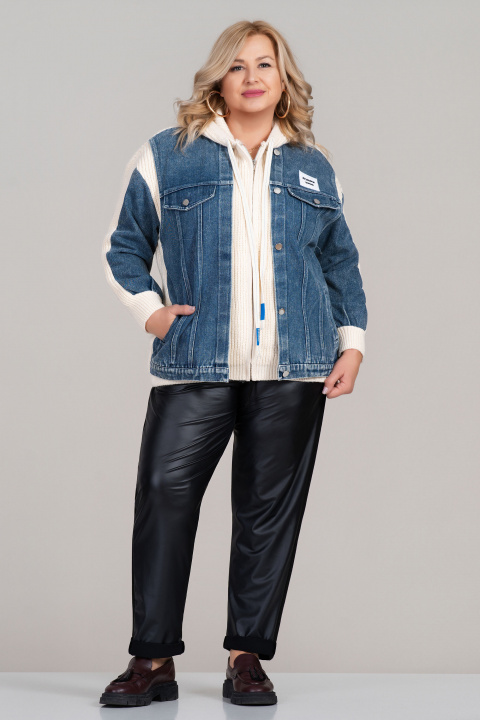 МАКСИ плетена жилетка в цвят екрю с дънков акцент