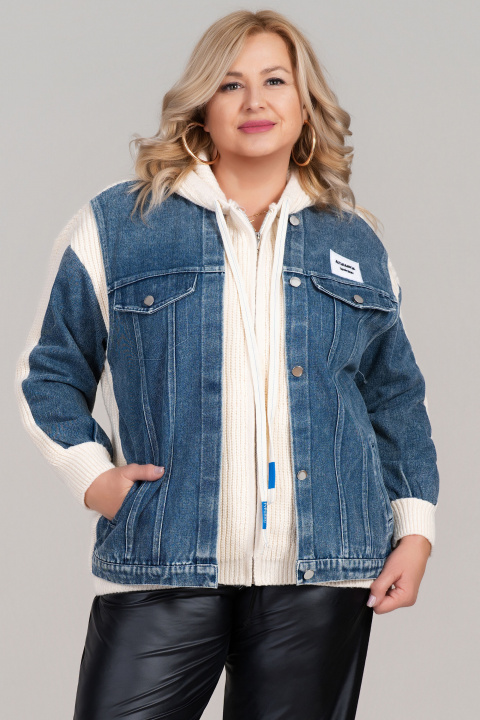 МАКСИ плетена жилетка в цвят екрю с дънков акцент