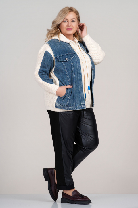 МАКСИ плетена жилетка в цвят екрю с дънков акцент