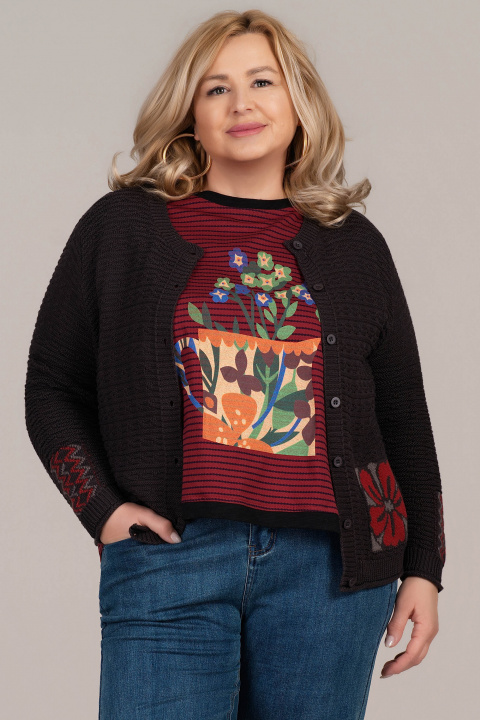 МАКСИ плетена жилетка в кафяво с флорален мотив и геометрични акценти