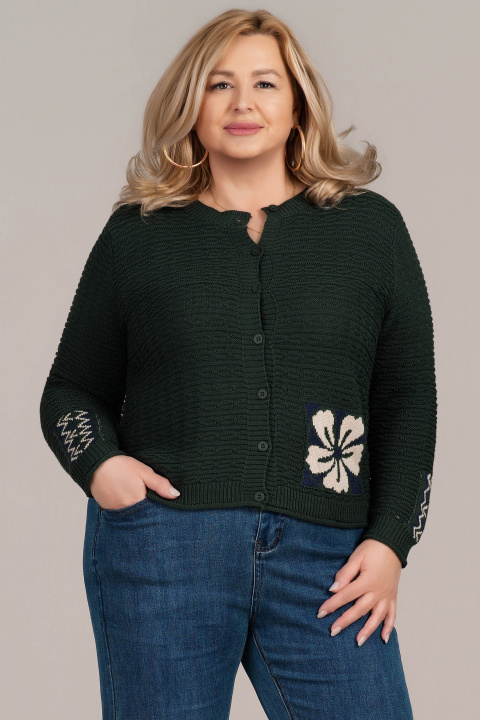 МАКСИ плетена жилетка в тъмнозелено с флорален мотив и геометрични акценти