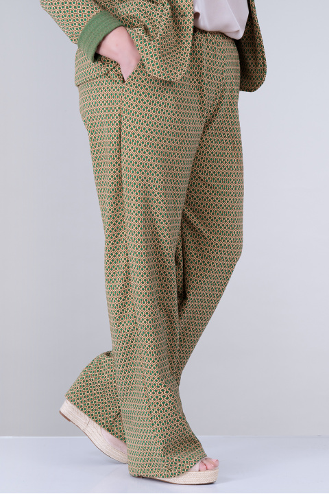 МАКСИ прав панталон в зелен цвят с жълт принт