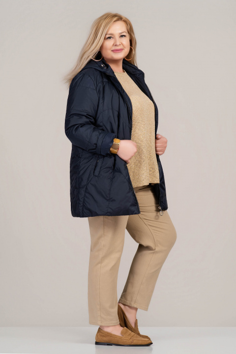 Макси преходно яке в тъмносиньо с качулка и декоративни вълнообразни шевове