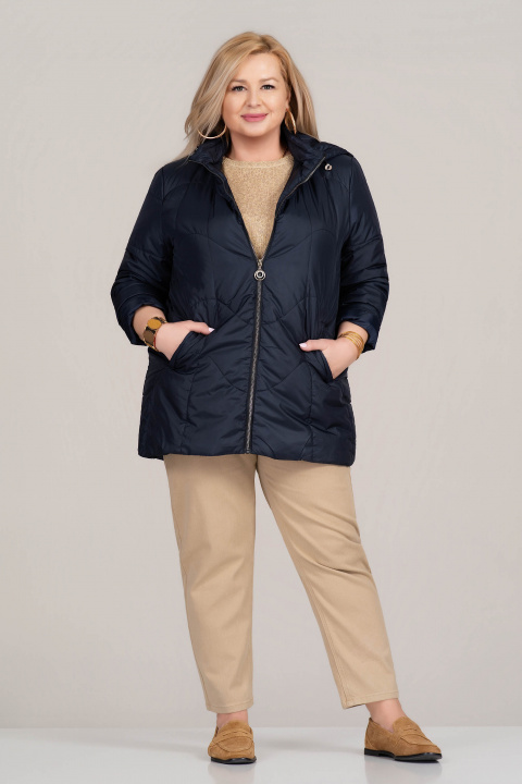 Макси преходно яке в тъмносиньо с качулка и декоративни вълнообразни шевове