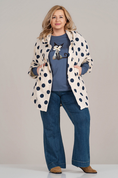 Макси пролетно яке с качулка в светлобежово с принт тъмни точки