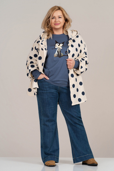 Макси пролетно яке с качулка в светлобежово с принт тъмни точки