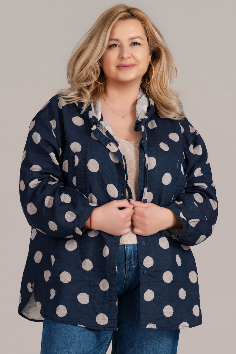 Макси пролетно яке с качулка в тъмносиньо с принт светли точки