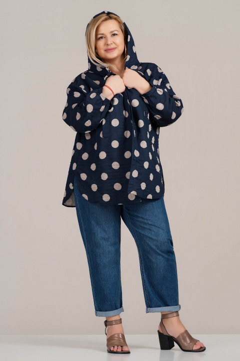 Макси пролетно яке с качулка в тъмносиньо с принт светли точки