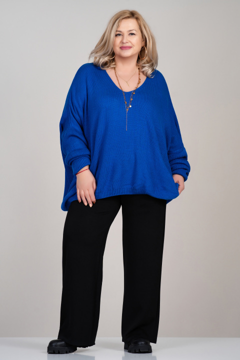 МАКСИ пуловер фино плетиво с вълна в синьо с ефектна щампа на гърба