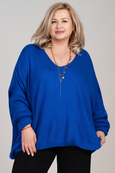 МАКСИ пуловер фино плетиво с вълна в синьо с ефектна щампа на гърба