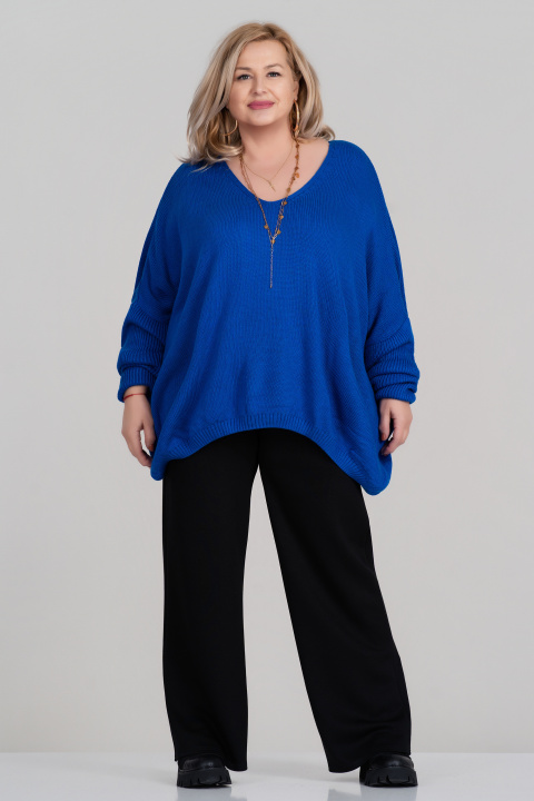 МАКСИ пуловер фино плетиво с вълна в синьо с ефектна щампа на гърба