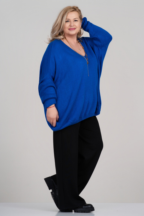 МАКСИ пуловер фино плетиво с вълна в синьо с ефектна щампа на гърба