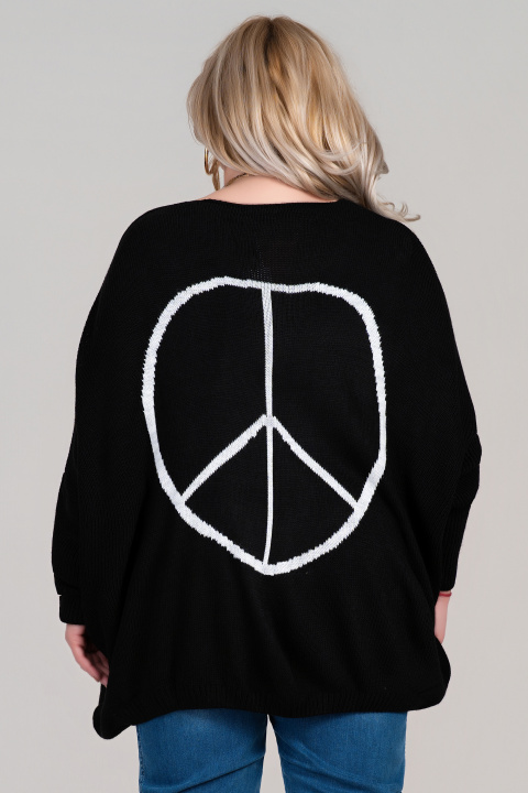 МАКСИ пуловер фино плетиво с вълна в черно с ефектна щампа на гърба