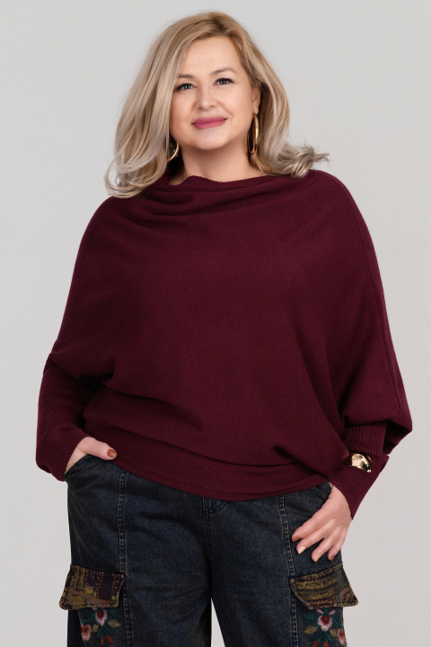 Макси пуловер от фино плетиво в бордо с ефектна яка и свободна кройка