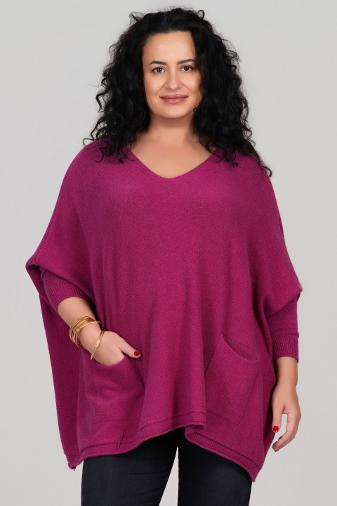 Макси пуловер от фино плетиво в цикламено розово с джобове и свободна кройка