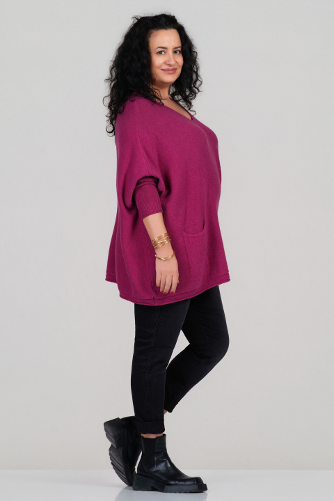 Макси пуловер от фино плетиво в цикламено розово с джобове и свободна кройка