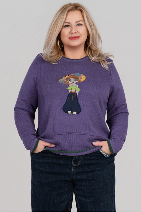 Макси пуловер от фино плетиво в лилаво с бродерия момиче с дънки