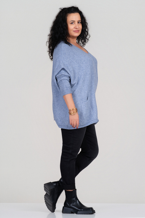 Макси пуловер от фино плетиво в синьо с джобове и свободна кройка