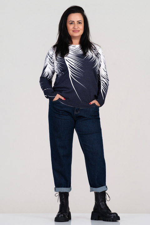 МАКСИ пуловер от фино плетиво в тъмносиньо с принт тип бели клони с камъни