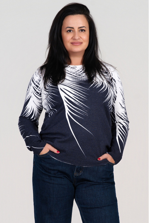 МАКСИ пуловер от фино плетиво в тъмносиньо с принт тип бели клони с камъни