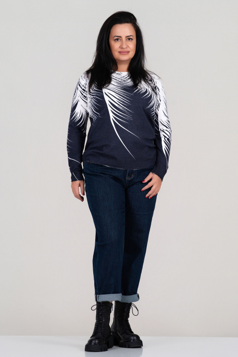 МАКСИ пуловер от фино плетиво в тъмносиньо с принт тип бели клони с камъни