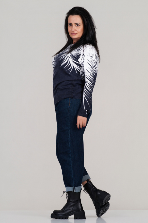 МАКСИ пуловер от фино плетиво в тъмносиньо с принт тип бели клони с камъни