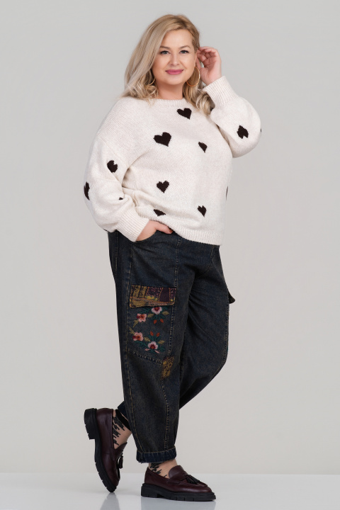 МАКСИ пуловер в светлобежово с принт кафяви сърца