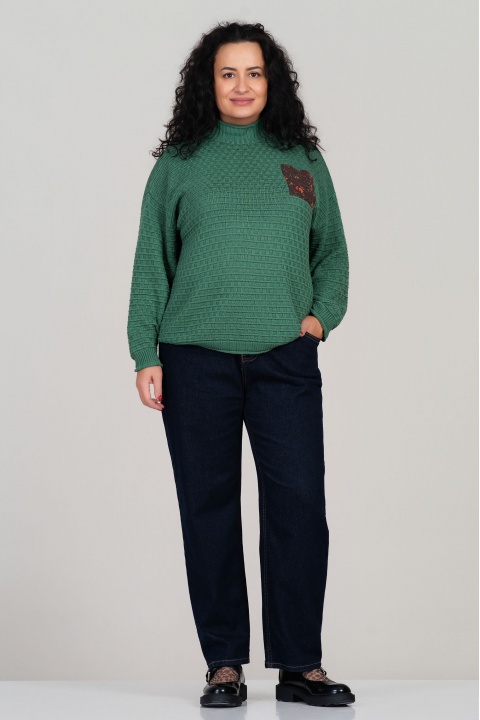 МАКСИ пуловер в зелено, полуполо с кафяв джоб